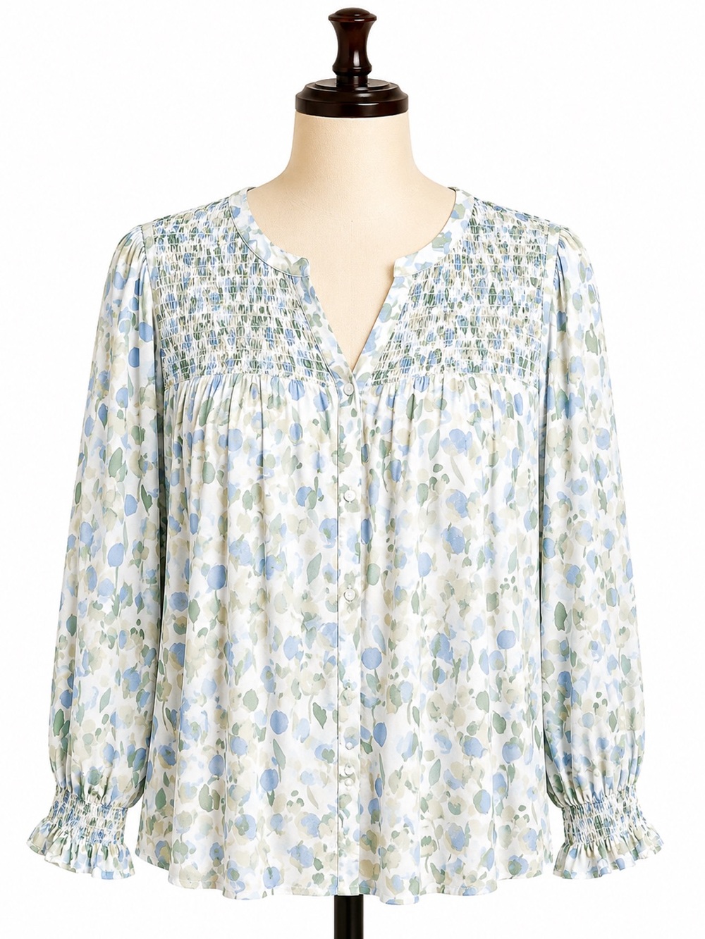 crown & ivy Blue and Green Floral Smocked Yoke Blouse